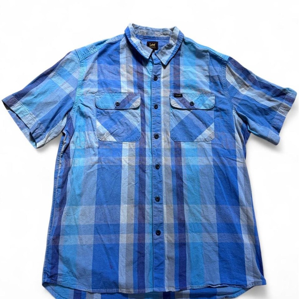 Lee Extreme Motion Blue Plaid Short Sleeve Button Down Shirt